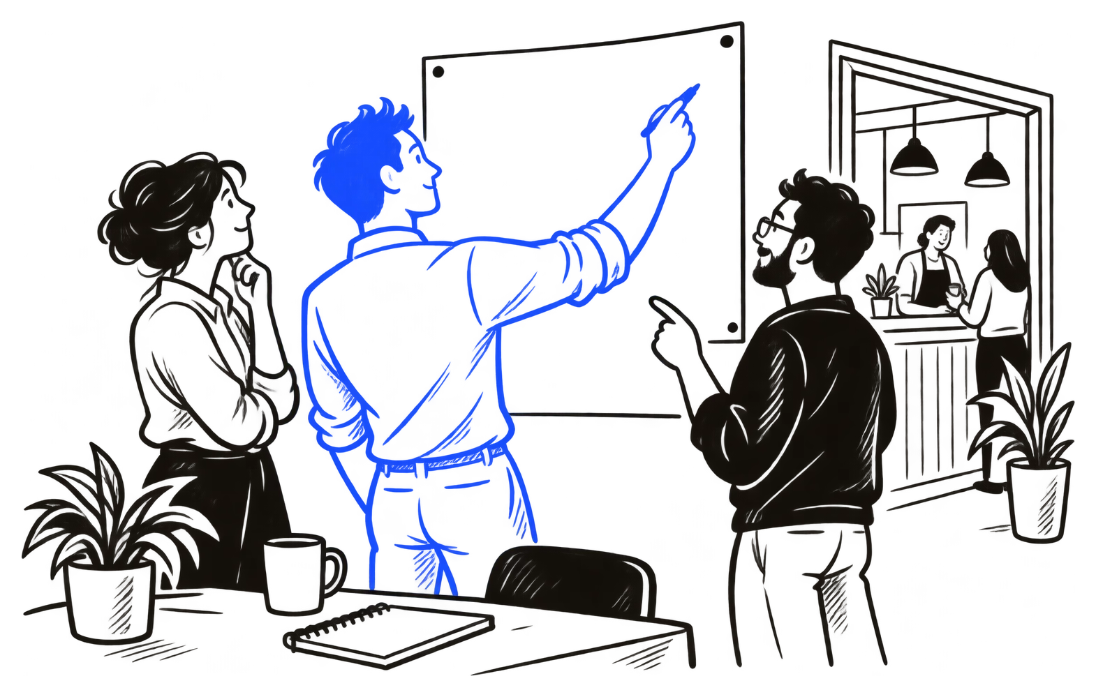 In a small business’s back office, the two owners watch as a colleague from Upsaider, drawn in blue, draws a rising line on a sheet on the wall. Through the doorway, customers are served at the counter.
